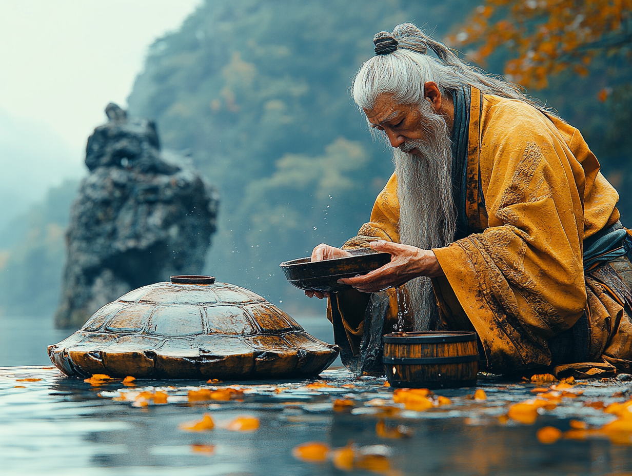 长寿老人彭祖在龟山取山泉水-AI吧